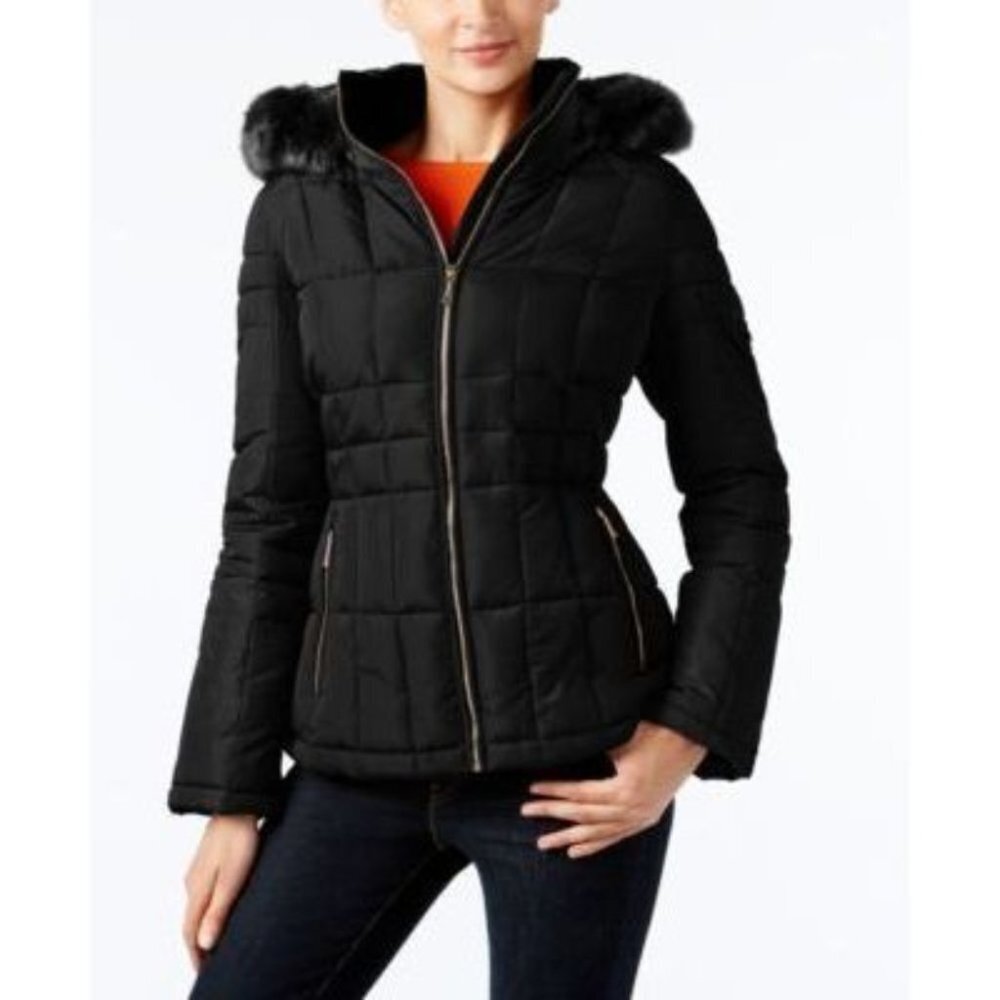 Calvin Klein Black Faux-Fur-Trim Hood Quilted Puffer Coat size L